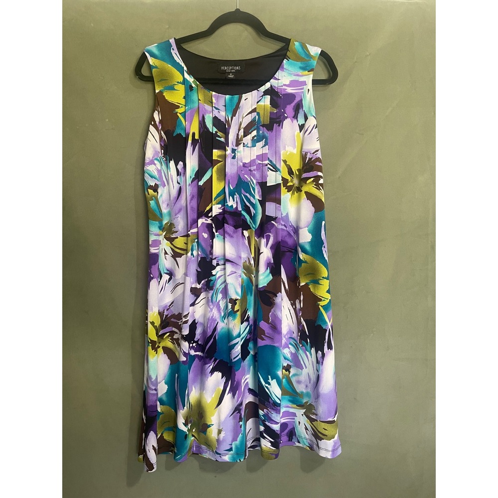Perceptions New York Floral Sleeveless Pleated Shift Dress Purple Teal Size 12
